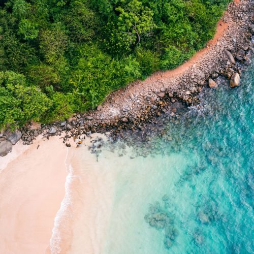 Aerial view of surfers near Hikkaduwa beach. Hikkaduwa, Sri Lanka.