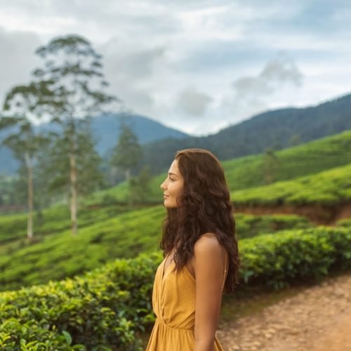 A,Serene,Woman,In,A,Yellow,Dress,Admires,The,Beauty